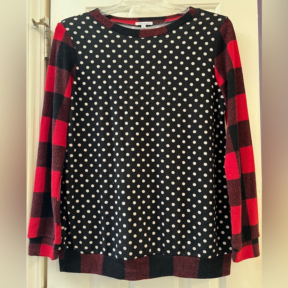 Buffalo Plaid and White Polka Dot Shirt